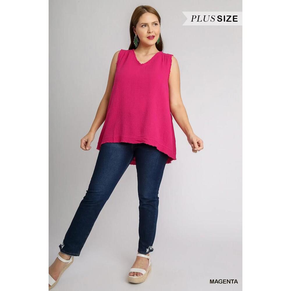 Umgee Sleeveless V-Neck Frayed Top